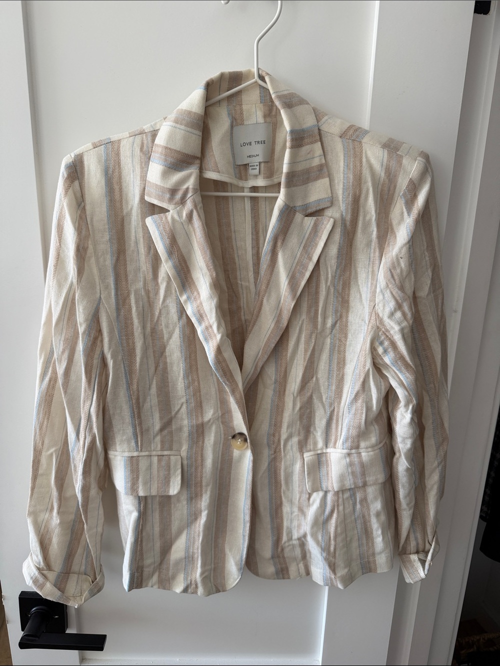Love Tree Cream, Beige & Light Blue Striped Blazer